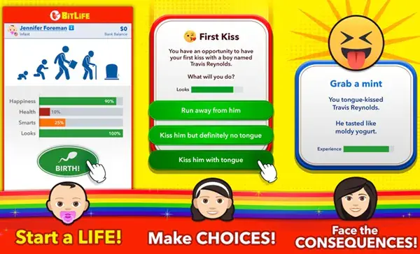 Giao diện BitLife mô phỏng cuộc sống từng năm