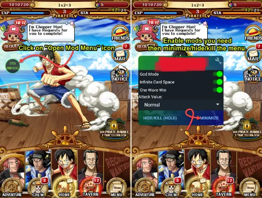 Mod menu interface in ONE PIECE TREASURE CRUISE