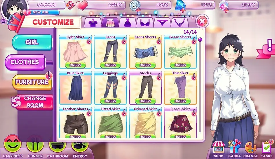 Outfits and unlockable content in Pocket Waifu MOD APK