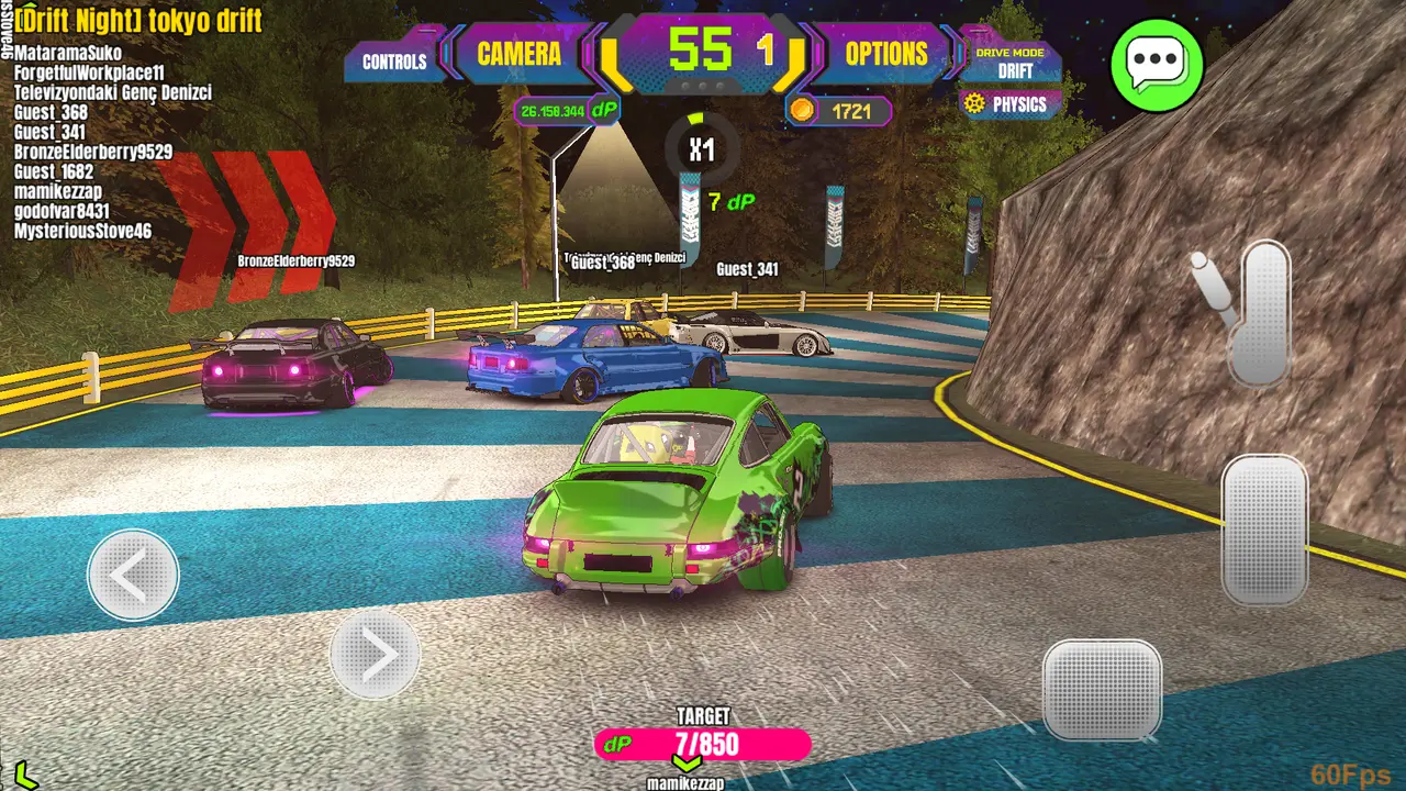 Project Drift 2.0 gameplay showing a car drifting on a mountain road