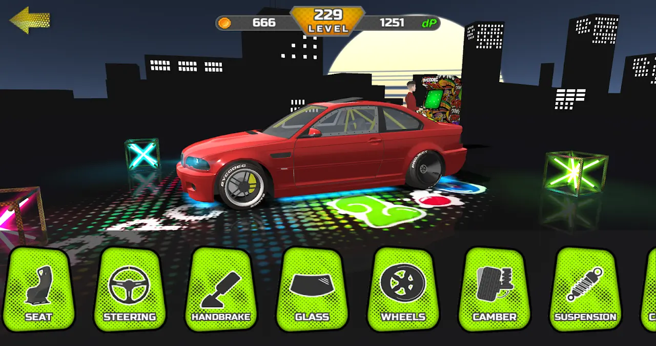 Car customization screen in Project Drift 2.0 with body kits and paint options