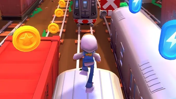 Subway Surfers City character dodging trains and collecting coins